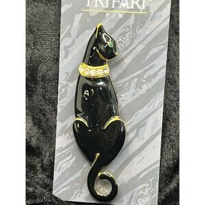 Vtg Trifari Cat Pin Black Outlined With A Touch Of Gold Rhinestone Collar NEW 3”